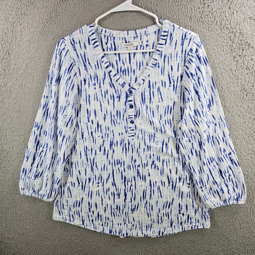 Chicos Blue White Abstract Henley Top V-Neck 3/4 Sleeve Cotton Modal Size 2 L